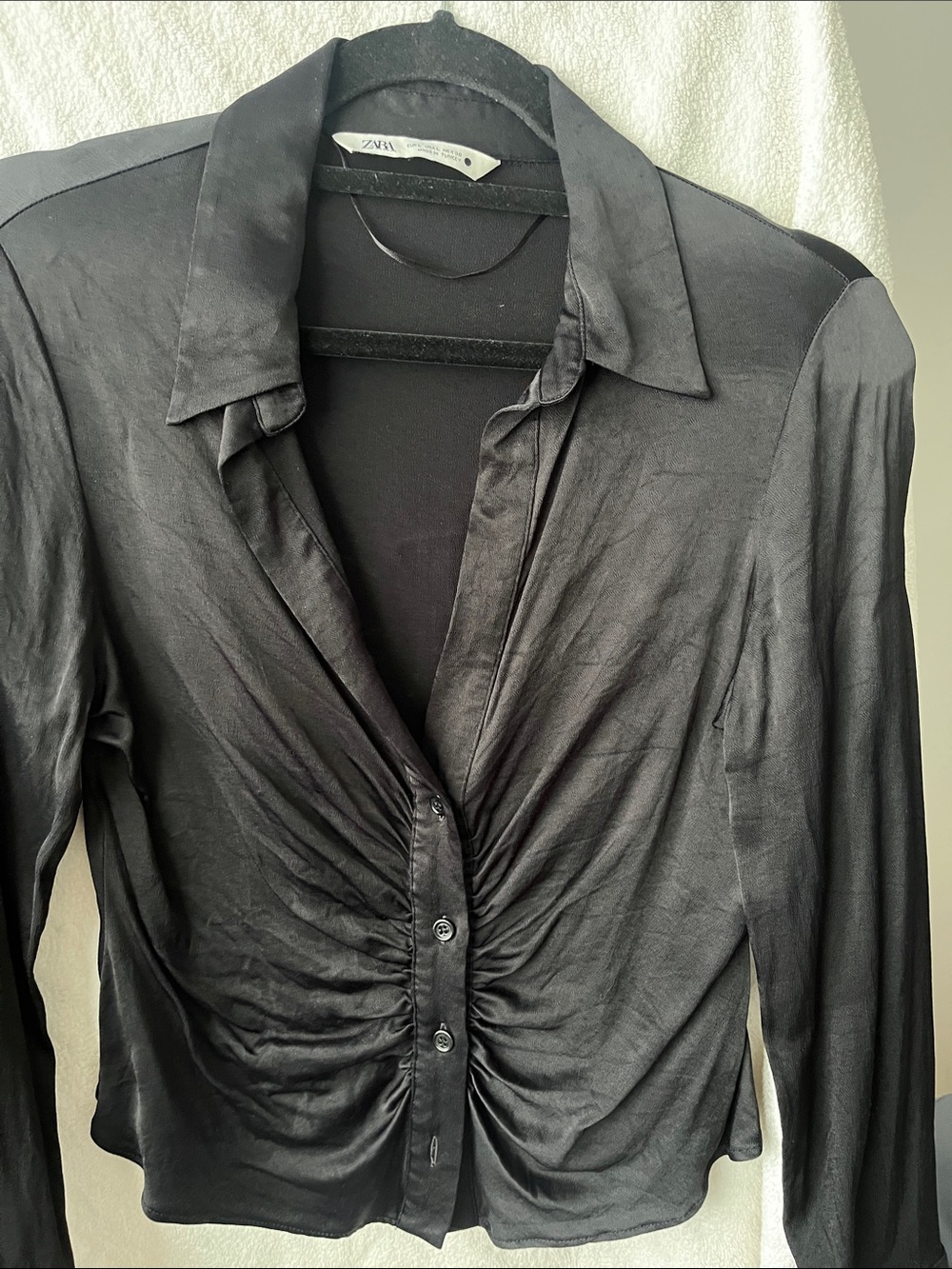 Zara Black Satin Ruched Button-Down Blouse